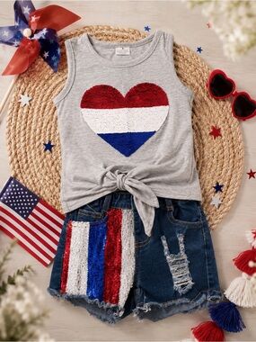 Girls Grey Sequin Heart Tie-Front Tank Top